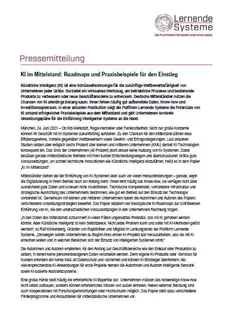 Presseinformation KI im Mittelstand - Plattform Lernende Systeme
